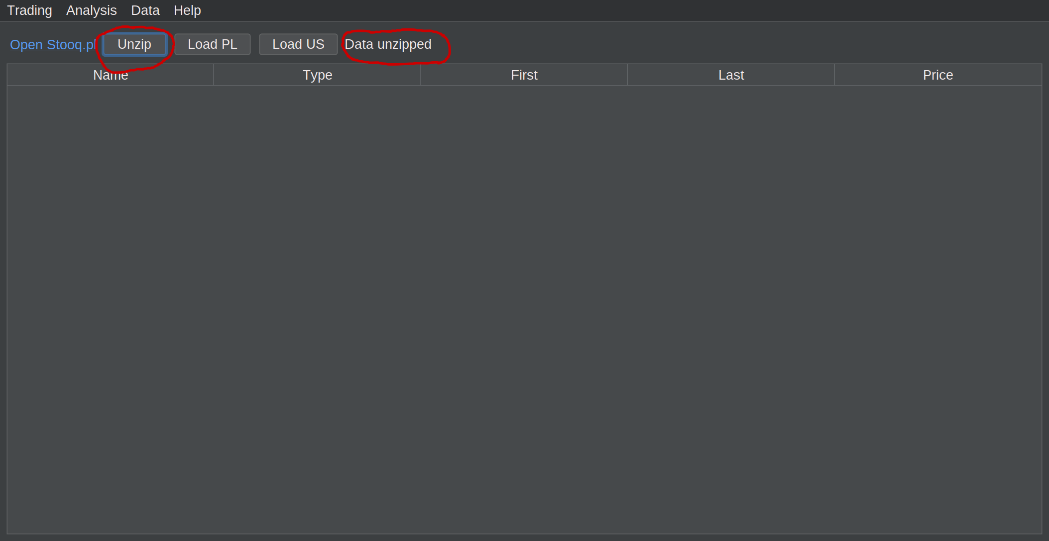 Unzip button and status