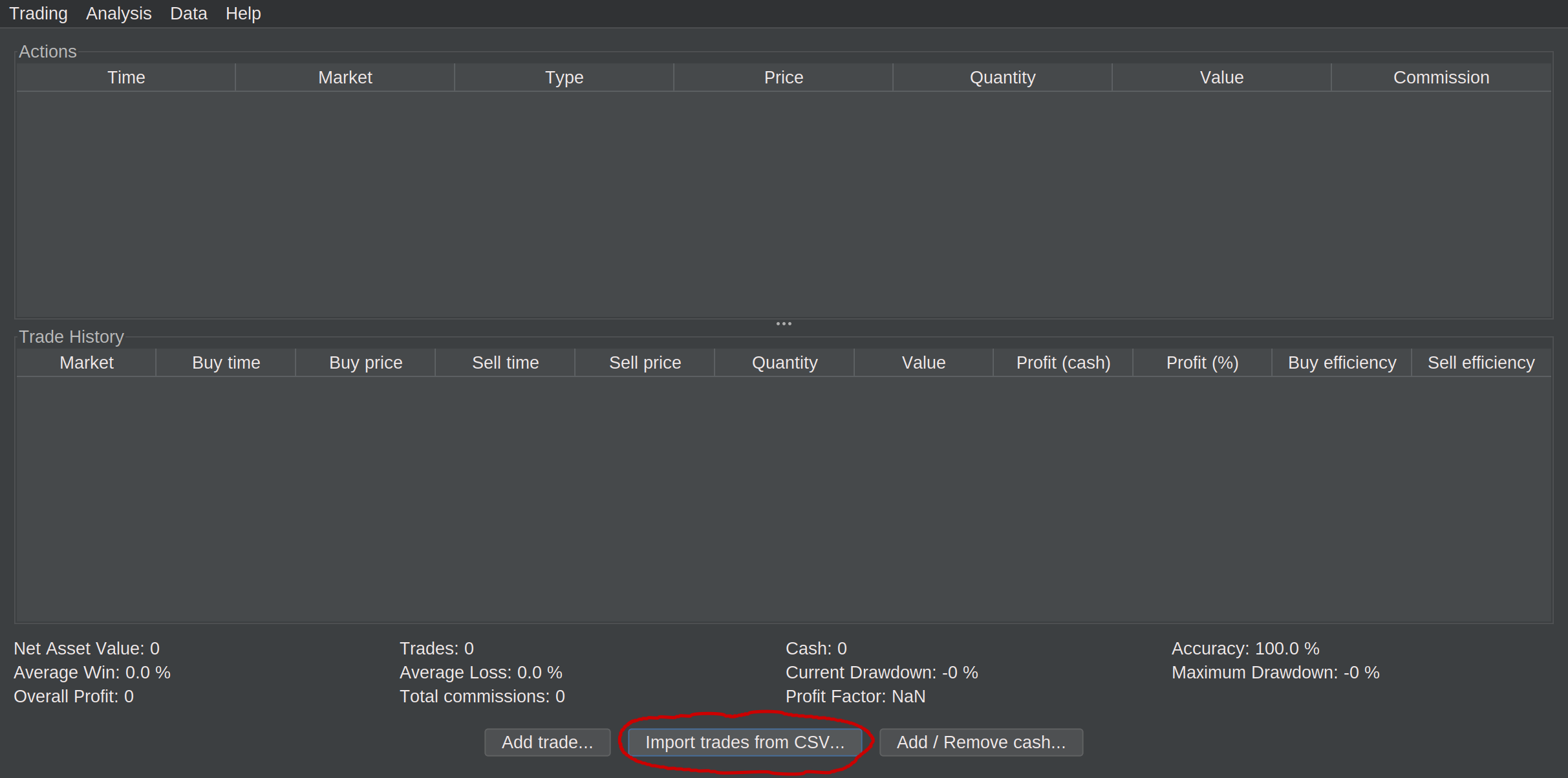 Import trades from CSV button