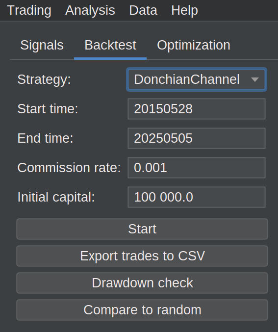 Backtest configuration interface