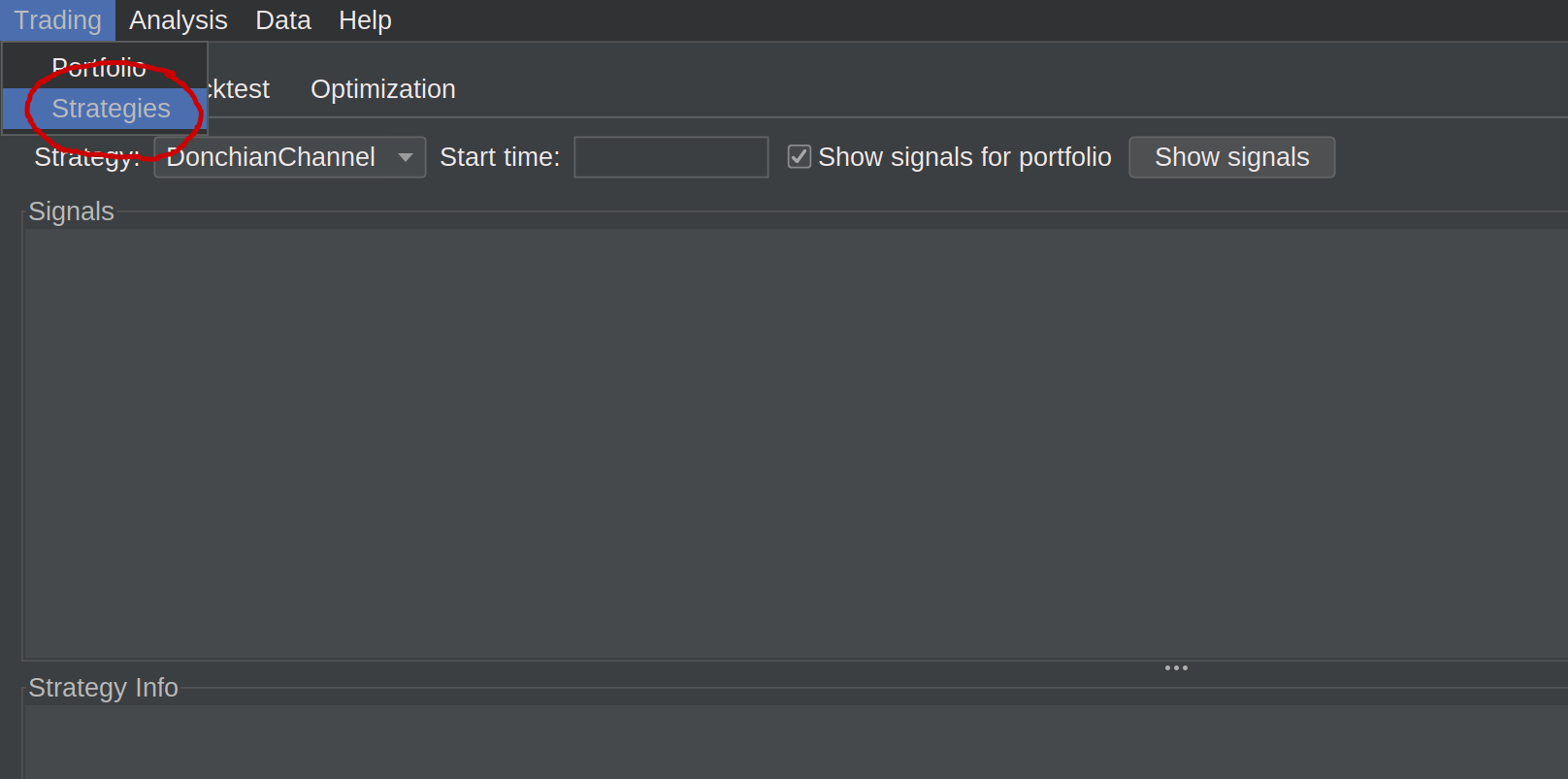 Menu navigation showing Trading > Strategies > Signals